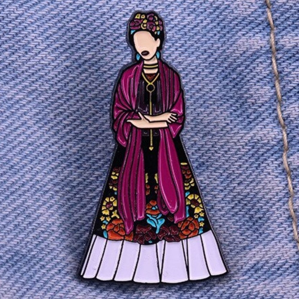Frida Kahlo Pin Brooch in Purple Dress w/ Flowers